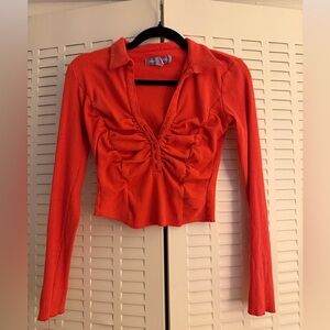 Urban Outfitters Ruched Ribbed Collared Top – Bright Orange – S